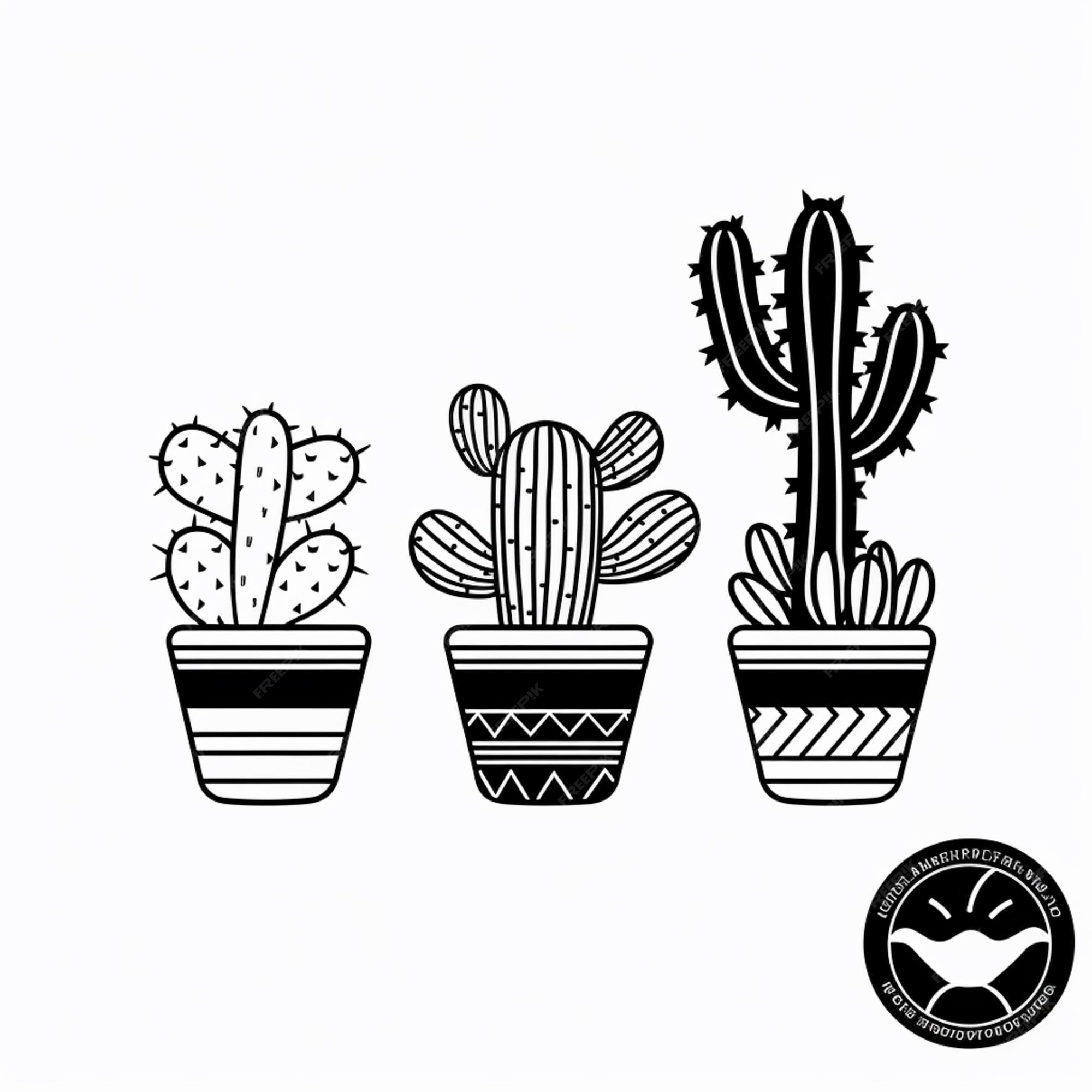 Um desenho preto e branco de três cactos em vasos generativos ai
