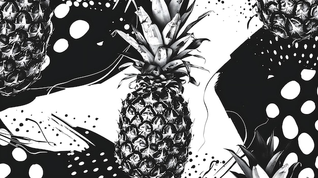 um desenho preto e branco de um abacaxi com uma faca e uma faca