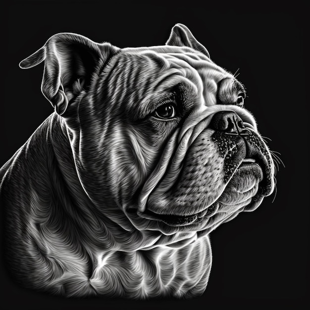 Um desenho preto e branco de um cachorro bulldog em um fundo preto generativo ai