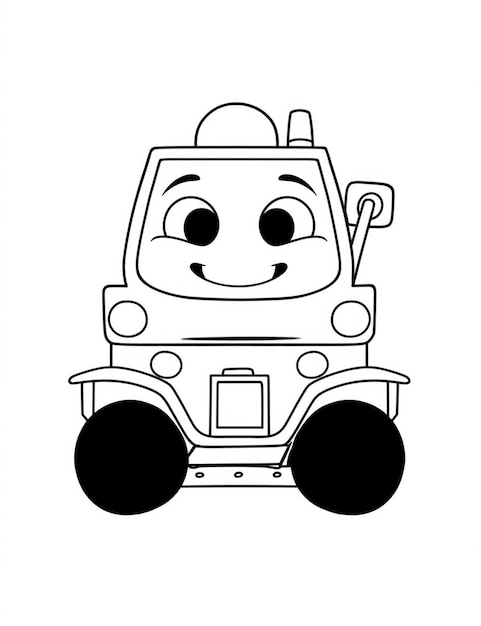 Um desenho preto e branco de um caminhão de desenho animado com um rosto sorridente generativo ai