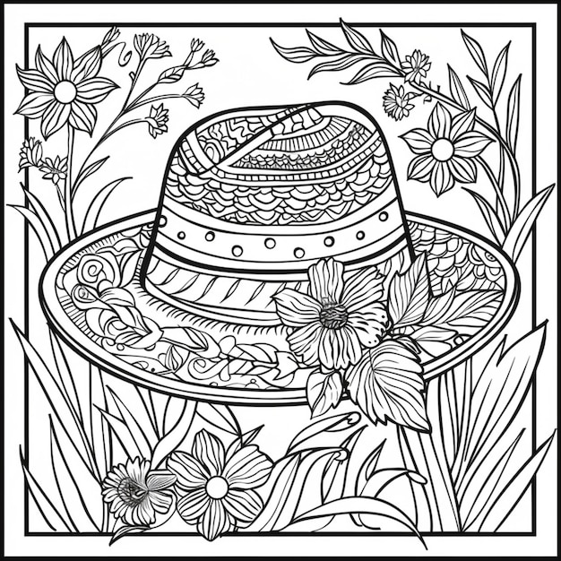 um desenho preto e branco de um chapéu com flores e grama