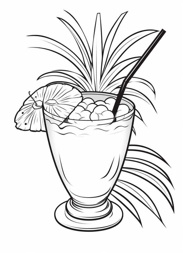 Foto um desenho preto e branco de um coquetel com uma palha e um ai gerador de abacaxi