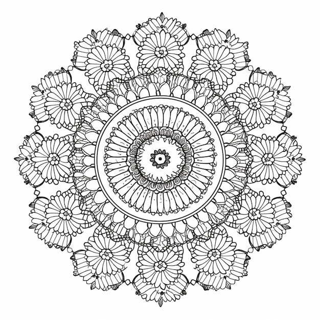 Um desenho preto e branco de um design de flor circular ai generativo