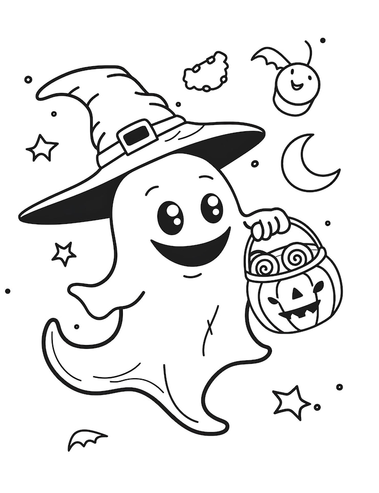 Foto um desenho preto e branco de um fantasma com um chapéu e uma bolsa de truque