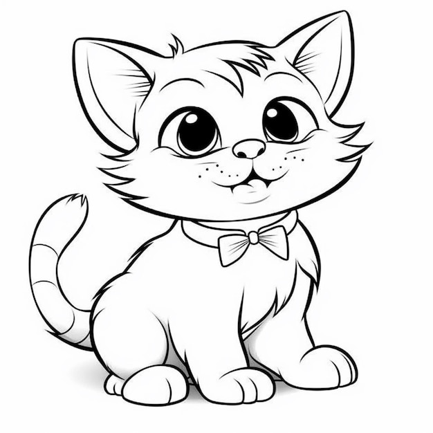 Um desenho preto e branco de um gatinho com uma gravata borboleta.