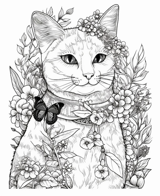 Um desenho preto e branco de um gato com flores ao redor.