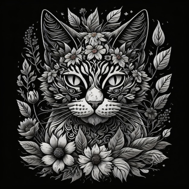 Um desenho preto e branco de um gato com flores e plantas.