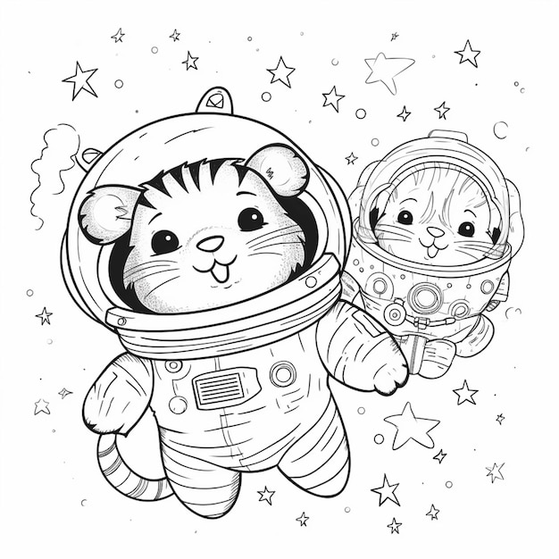 Um desenho preto e branco de um gato em um traje de astronauta e um gato em um traje espacial generativo ai