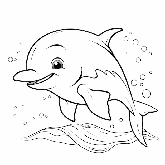 Um desenho preto e branco de um golfinho nadando no oceano generativo ai