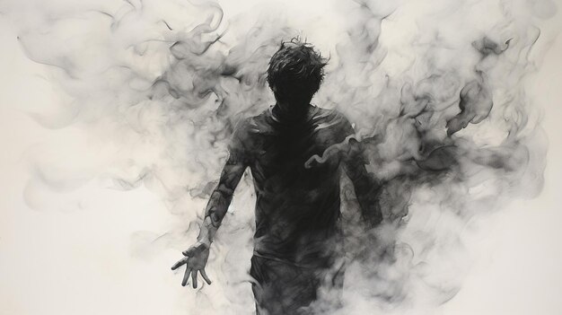 um desenho preto e branco de um homem em fumaça