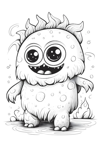 Um desenho preto e branco de um monstro com um olho grande e um grande sorriso no rosto.