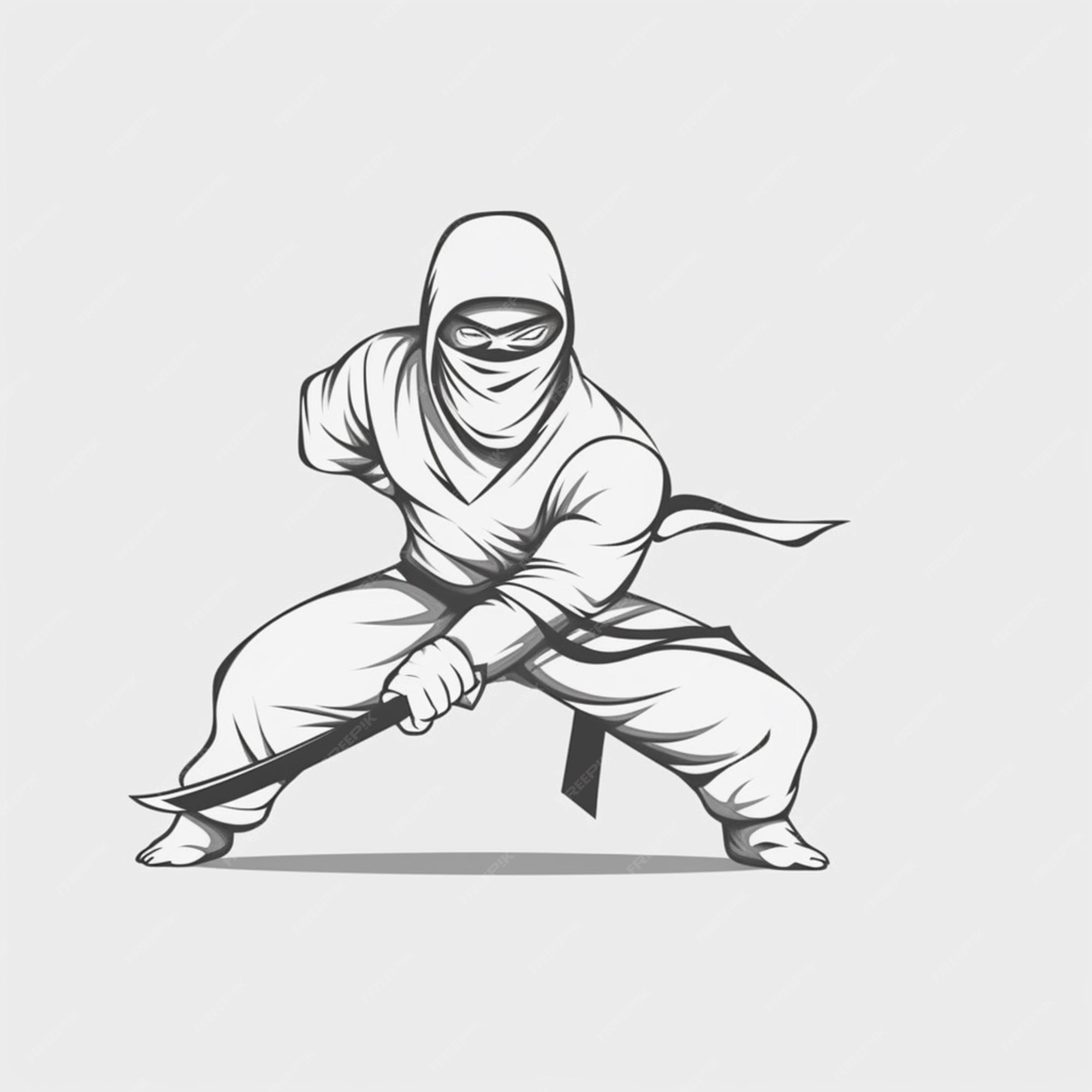 Um desenho em preto e branco de um ninja ajoelhado com ia generativa