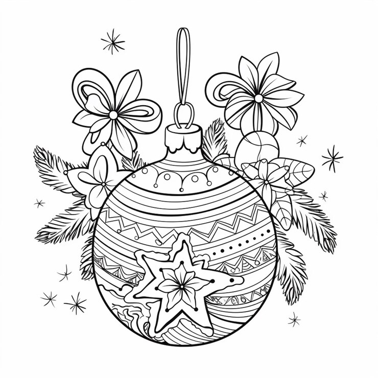 Foto um desenho preto e branco de um ornamento de natal com uma estrela nele