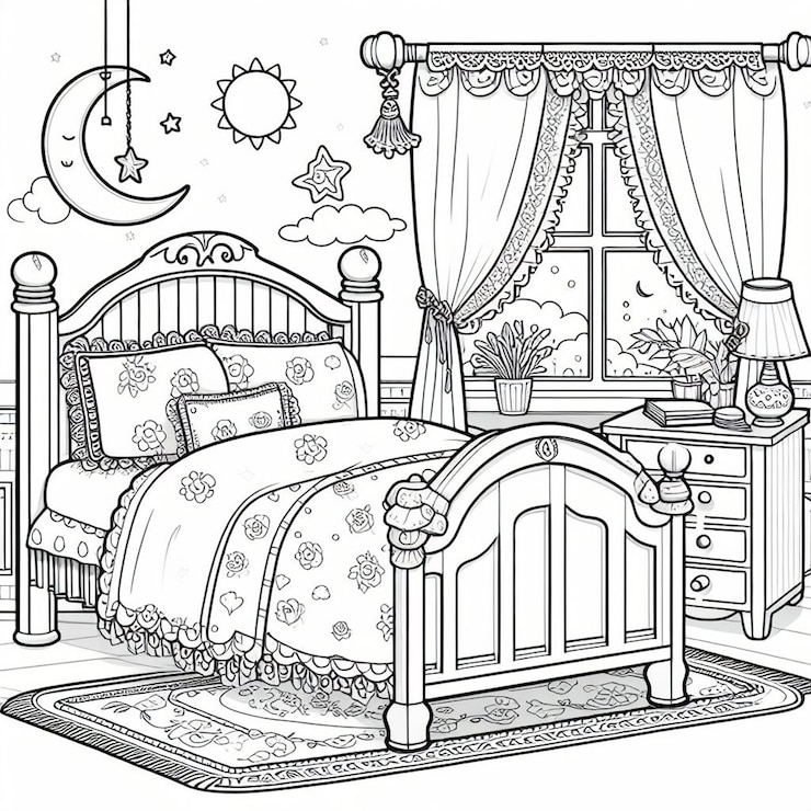 Foto um desenho preto e branco de um quarto com uma cama e uma lua