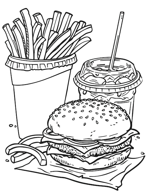 um desenho preto e branco de um sanduíche e uma chávena de comida com uma palha nele
