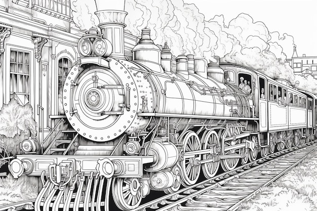 Um desenho preto e branco de um trem com as palavras "trem" na frente.