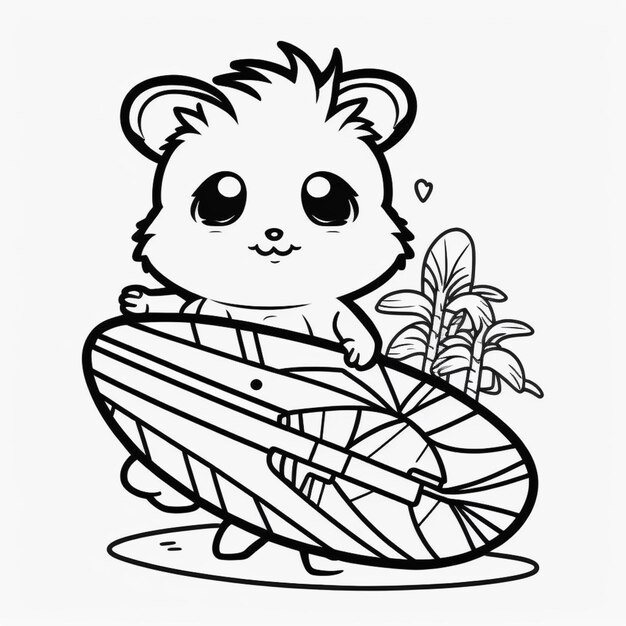 Foto um desenho preto e branco de um urso panda segurando uma prancha de surf generativa ai