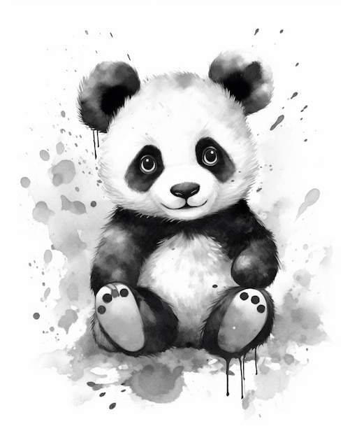 Um desenho preto e branco de um urso panda sentado no chão generativo ai