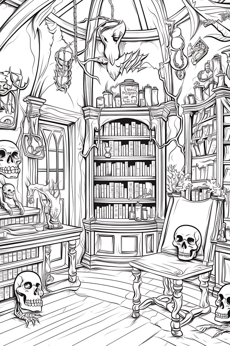 Foto um desenho preto e branco de uma biblioteca com crânios e livros
