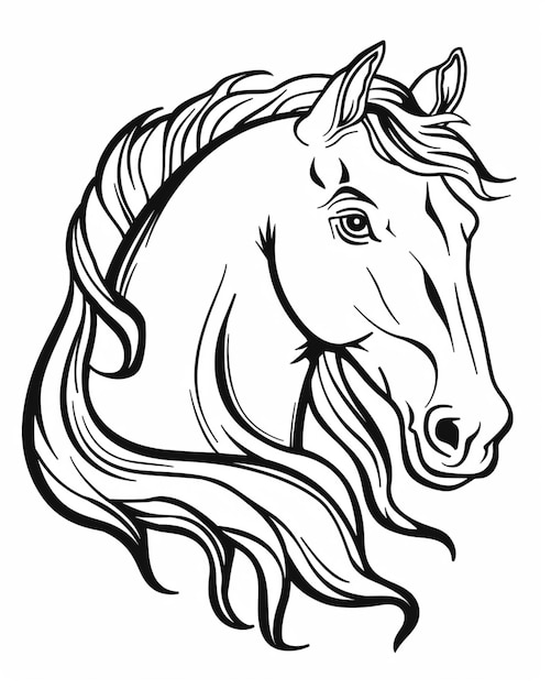 um desenho preto e branco de uma cabeça de cavalo com cabelos longos