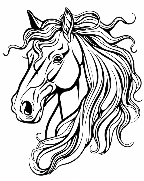 um desenho preto e branco de uma cabeça de cavalo com cabelos longos