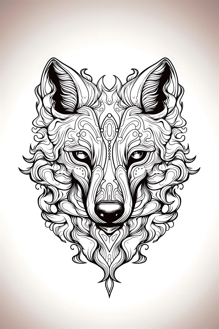 Foto um desenho preto e branco de uma cabeça de lobo com padrões ornamentados