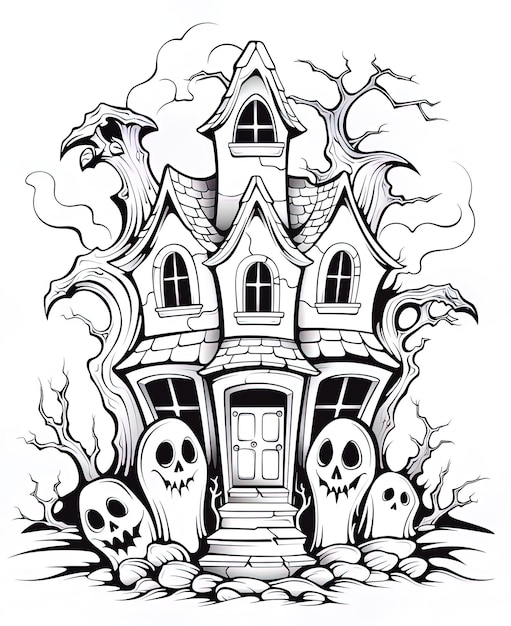 um desenho preto e branco de uma casa com crânios nele