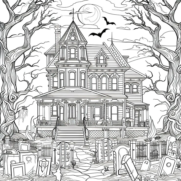 Foto um desenho preto e branco de uma casa com um corvo preto na frente