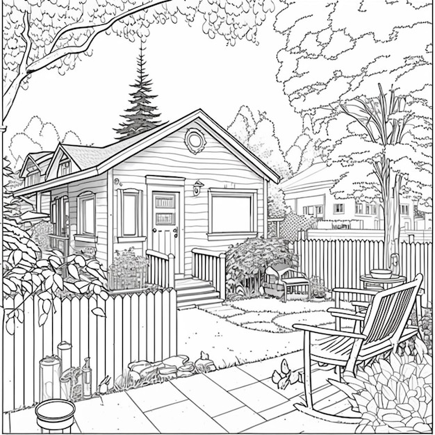 Um desenho preto e branco de uma casa com um jardim generativo ai