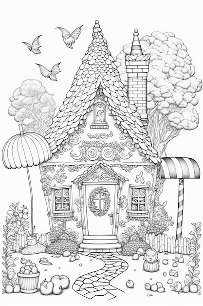 Um desenho preto e branco de uma casa com um jardim generativo ai