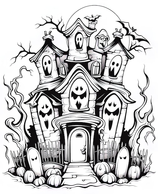 um desenho preto e branco de uma casa com uma casa assustadora nele