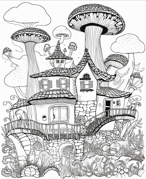Um desenho preto e branco de uma casa com uma casa de cogumelo no topo.