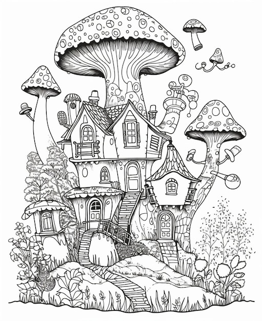 Um desenho preto e branco de uma casa com uma casa de cogumelo.