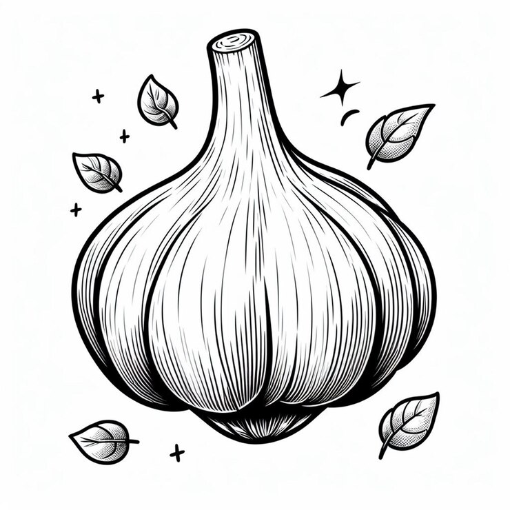 Foto um desenho preto e branco de uma cebola com folhas e folhas