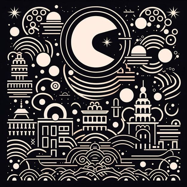 um desenho preto e branco de uma cidade com uma lua e nuvens