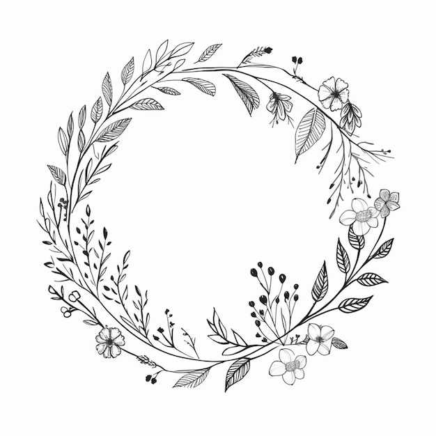 Foto um desenho preto e branco de uma coroa com flores e folhas generativas ai