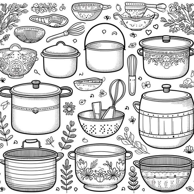 Foto um desenho preto e branco de uma cozinha com panelas e panelas