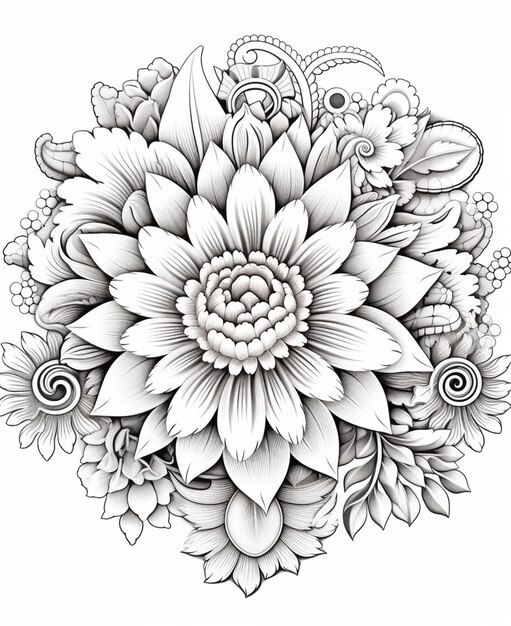 Foto um desenho preto e branco de uma flor com paisleys generativos ai
