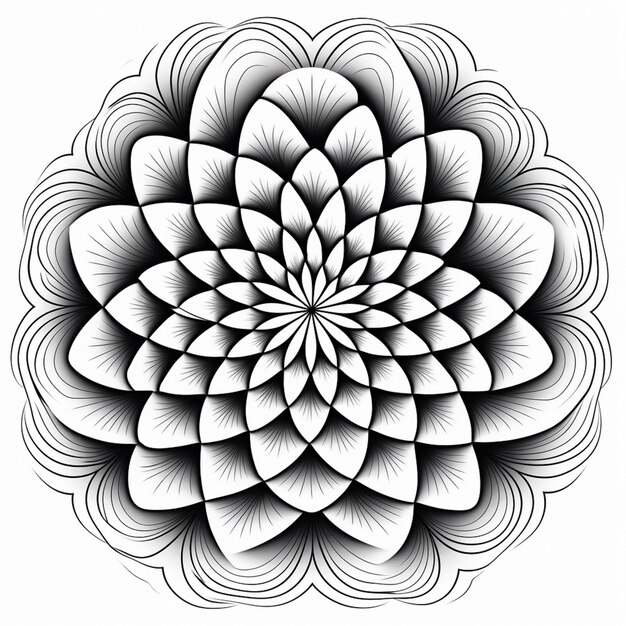 um desenho preto e branco de uma flor com um desenho em espiral