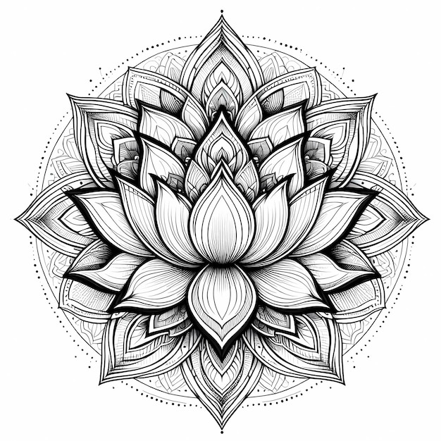 Foto um desenho preto e branco de uma flor de lótus com as palavras lótus sobre ela contorno de mandala de flor de lótio