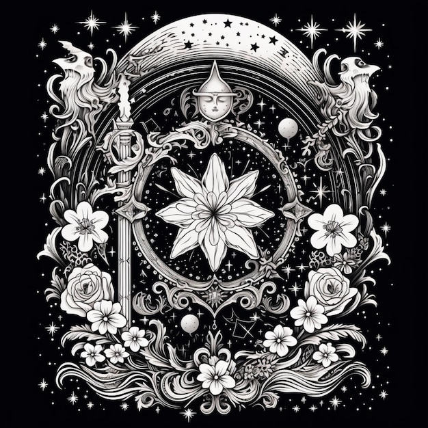 Um desenho preto e branco de uma flor e um ai generativo crescente