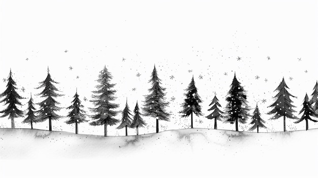 um desenho preto e branco de uma floresta coberta de neve com árvores generativas ai