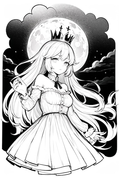 Um desenho preto e branco de uma garota usando uma coroa e uma coroa.