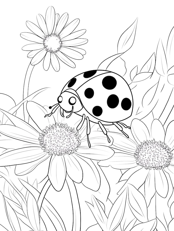 Foto um desenho preto e branco de uma ladybug em uma flor