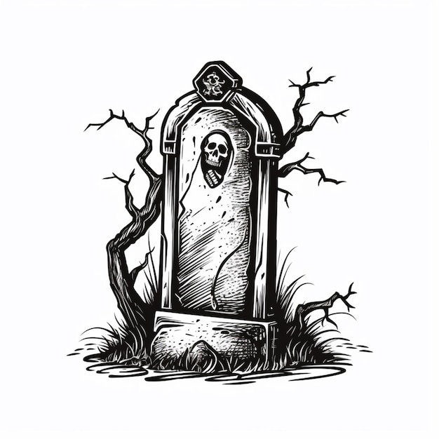 Foto um desenho preto e branco de uma lápide com um esqueleto nele