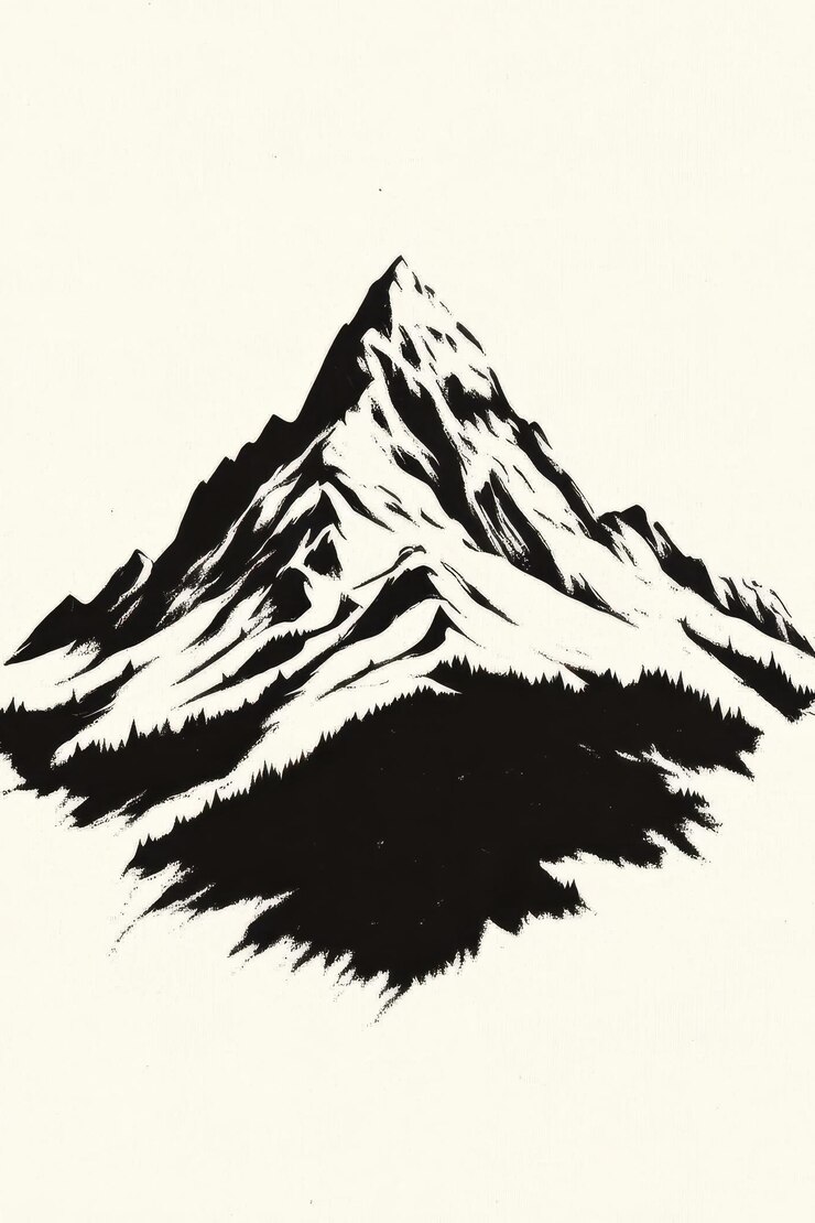 Foto um desenho preto e branco de uma montanha com uma imagem preta e branca