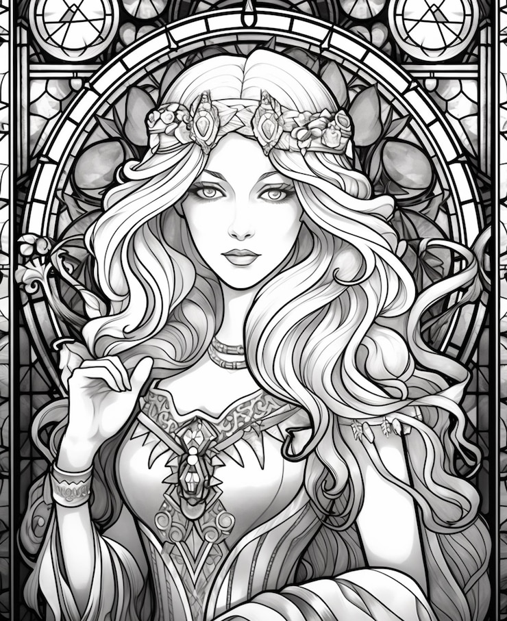 Foto um desenho preto e branco de uma mulher com cabelo comprido generativo ai