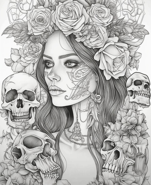 Um desenho preto e branco de uma mulher com caveiras e flores.