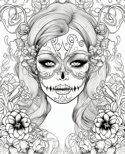 Um desenho preto e branco de uma mulher com flores e as palavras dia dos mortos.