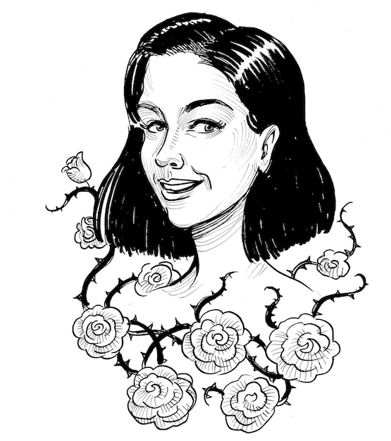 Um desenho preto e branco de uma mulher com rosas no rosto.